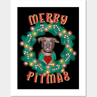 Merry Pitmas Pitbull Glowing Wreath And Candy Canes Posters and Art